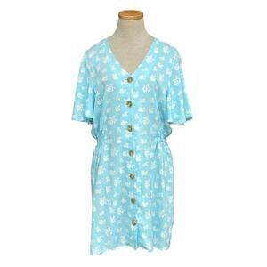 Abound Dress Womens Large Blue Floral NWT Short Sleeve Buttons A-Line